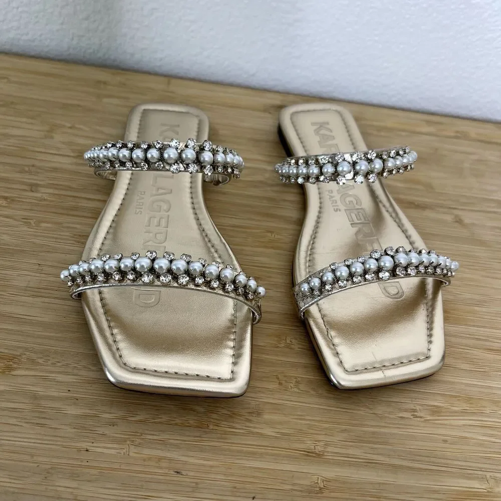 Karl Lagerfeld Paris Sandals Size 6.5M Rhinestone Payzlee Slip On Slide Shoes